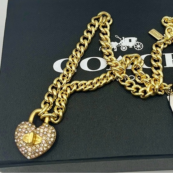 Coach Heart Pink Multi Turnlock Pavé Chain Link Necklace - Picture 13 of 16